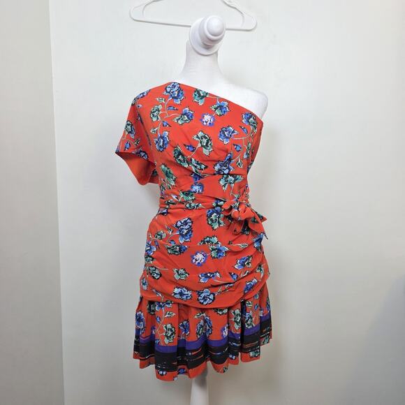 Derek Lam 10 Crosby Orange Floral 100% Silk One Shoulder Mini Dress Size 6 - Picture 1 of 9